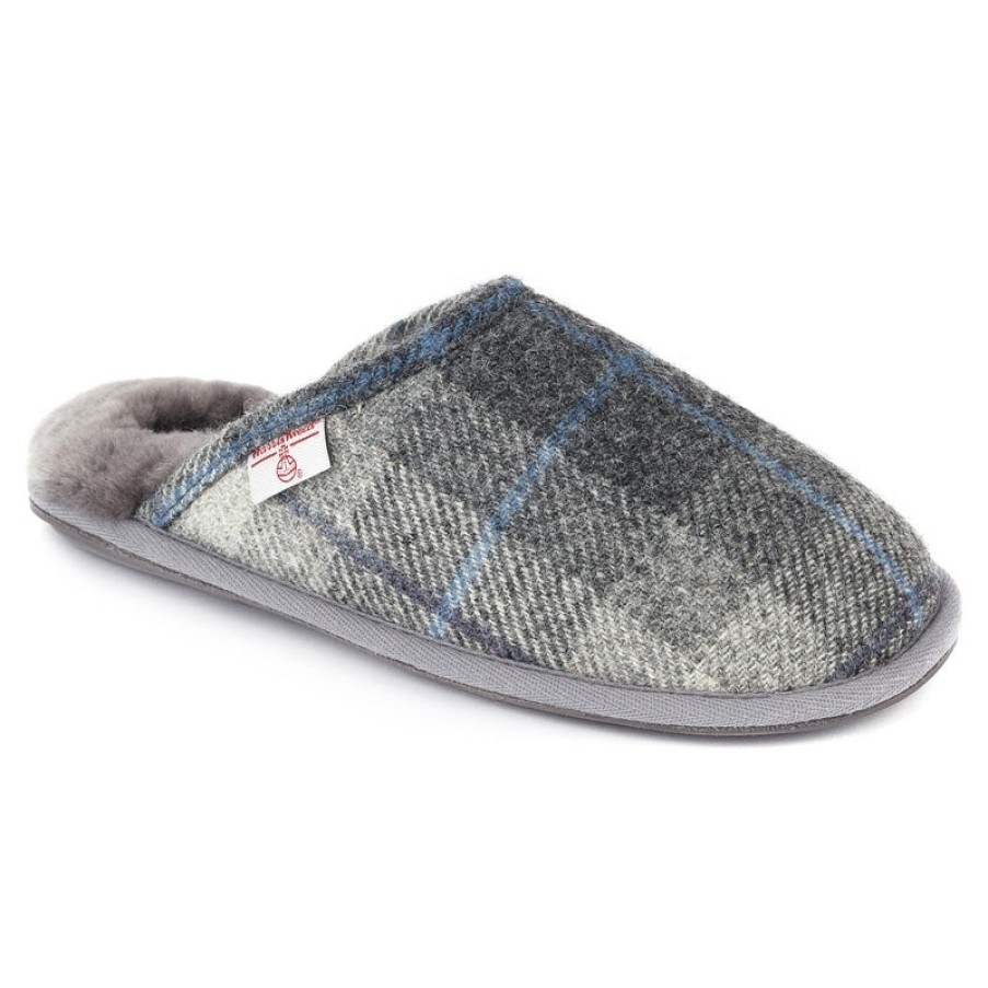 Men'S Bedroom Athletics | William Harris Tweed Mule Slippers - Grey Charcoal Check