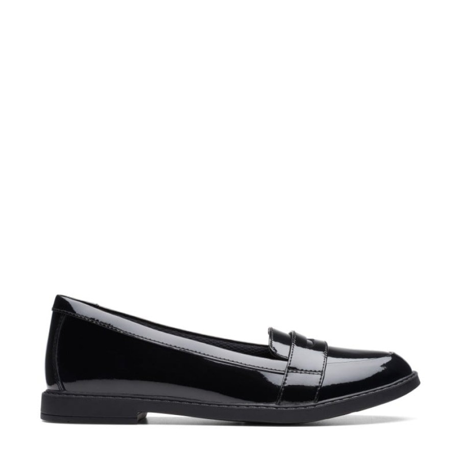 Children'S Clarks Girls School Shoes | Scala Loafer Youth School Shoes - Black Patent