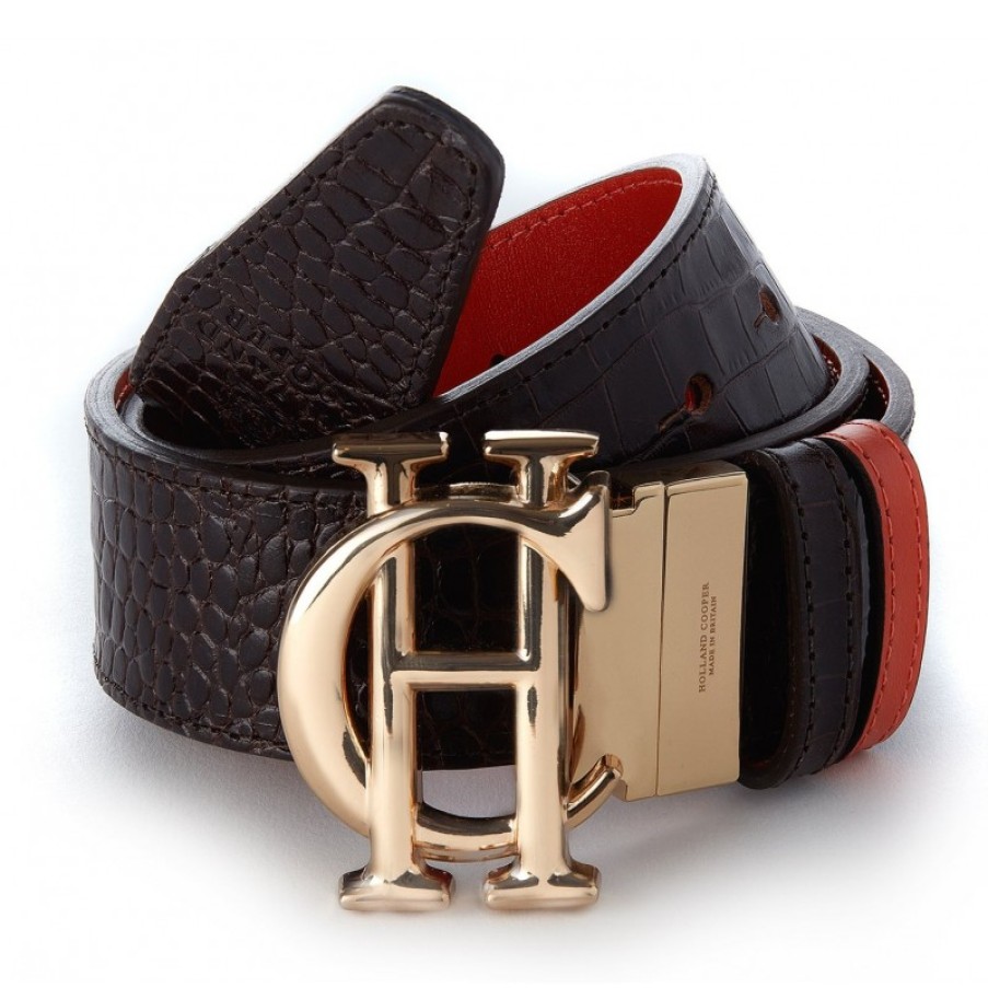 Women'S Holland Cooper | Hc Classic Belt Reversible Burnt Orange Chocolate Croc