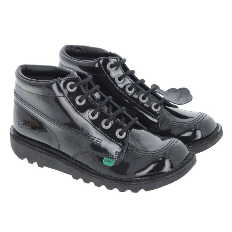 Children'S Kickers Girls School Shoes | Kick Hi Youth Boots - Black Patent