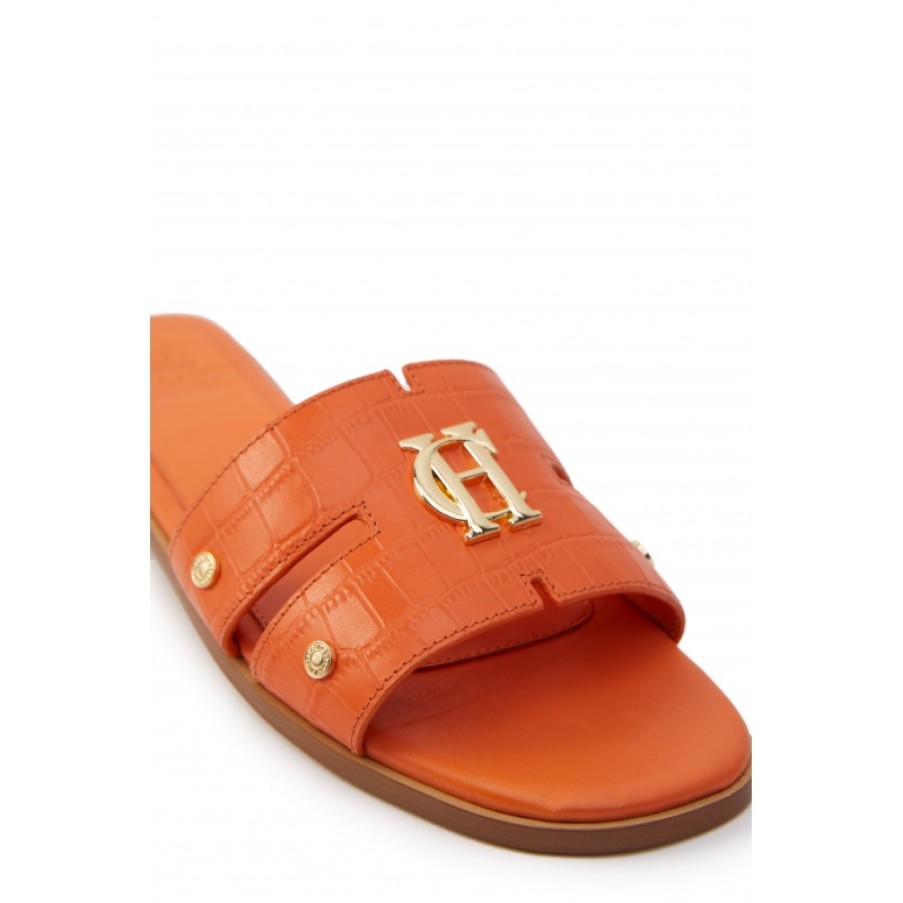 Women'S Holland Cooper | Monogram Slides - Orange Croc Leather