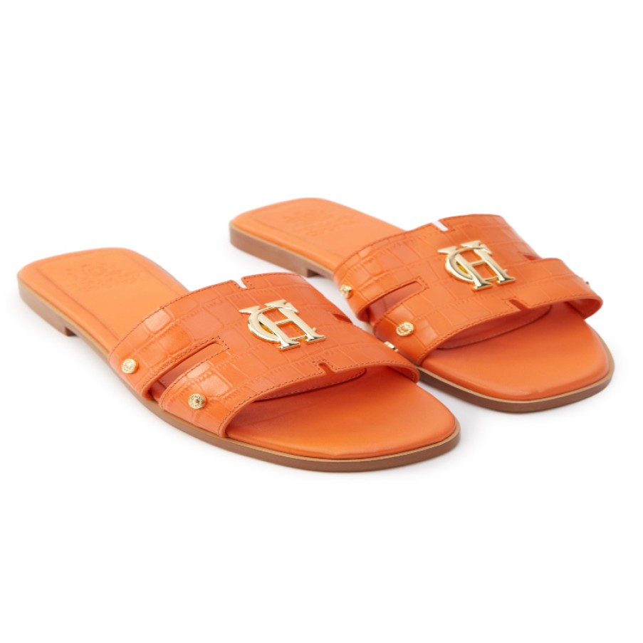 Women'S Holland Cooper | Monogram Slides - Orange Croc Leather