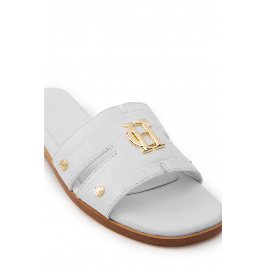 Women'S Holland Cooper | Monogram Slides - White Croc Leather