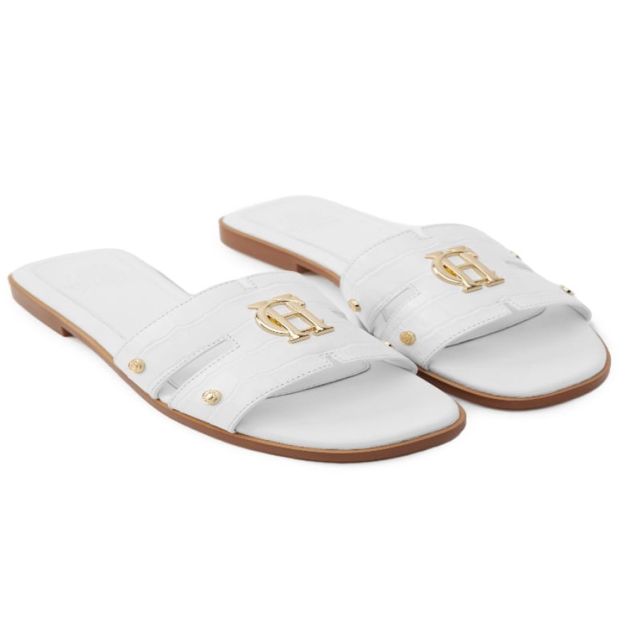 Women'S Holland Cooper | Monogram Slides - White Croc Leather