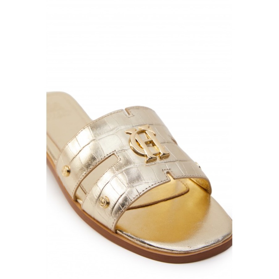 Women'S Holland Cooper | Monogram Slides - Gold Croc Leather