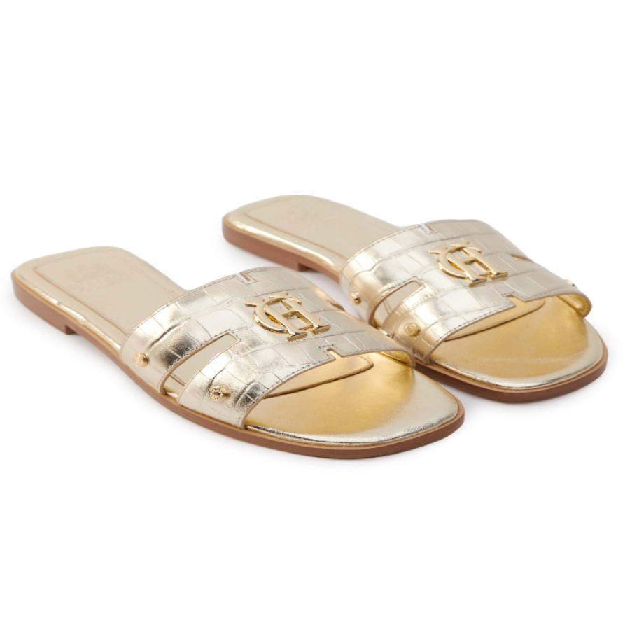 Women'S Holland Cooper | Monogram Slides - Gold Croc Leather