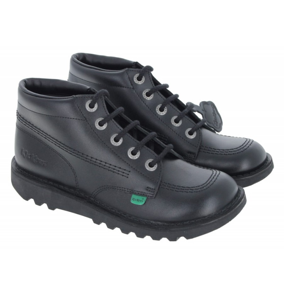 Children'S Kickers Teen Girls School Shoes | Kick Hi Youth Boots - Black Leather