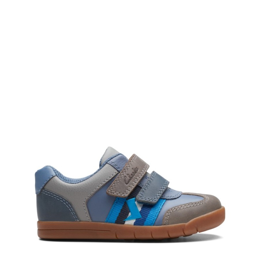 Children'S Clarks Boys Shoes | Den Stripe Toddler Shoes - Blue Combi