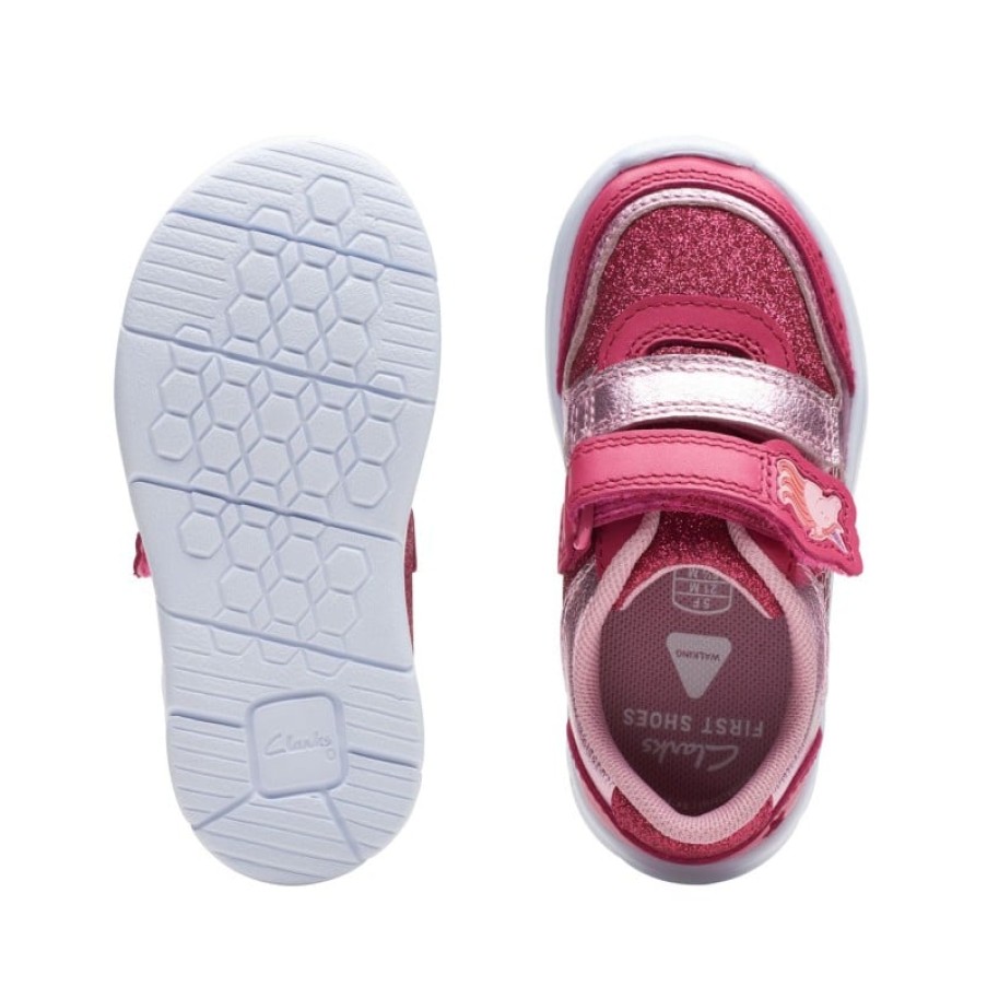 Children'S Clarks Girls Trainers | Ath Horn Toddler Shoes - Pink Combi Leather